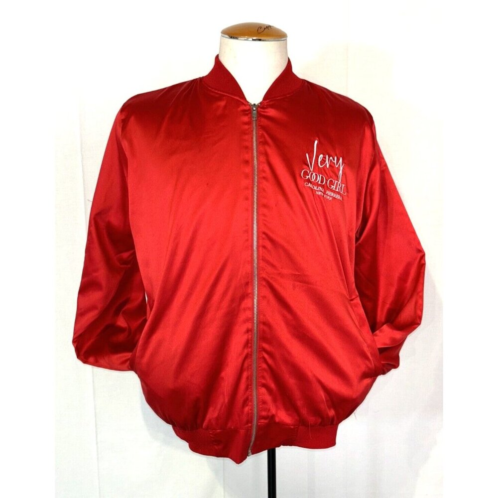 Carolina Herrera Good Gild Custom Red Polyester Bomber Jacket Zip Pockets Sz M/L